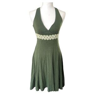 Y2k Free People Babydoll Halter Neck Green Mini Dress Crochet Empire Waist Fairy